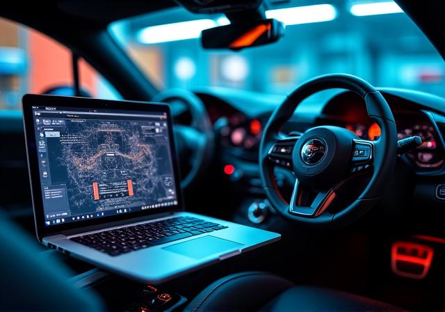 Laptop connected to performance car for ECU remapping