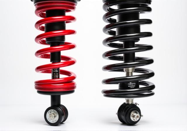 Close up of high performance coilover suspension vs air struts