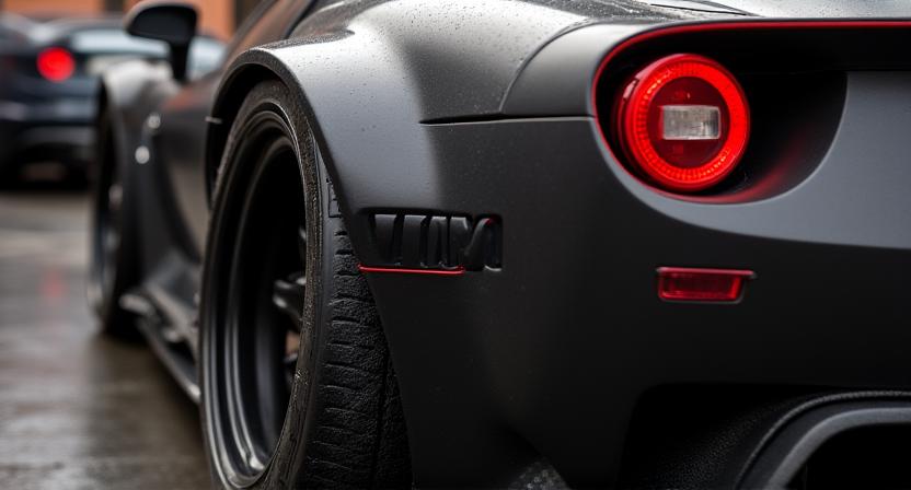 Gros plan sur l'aile élargie d'une voiture de sport avec rivets apparents